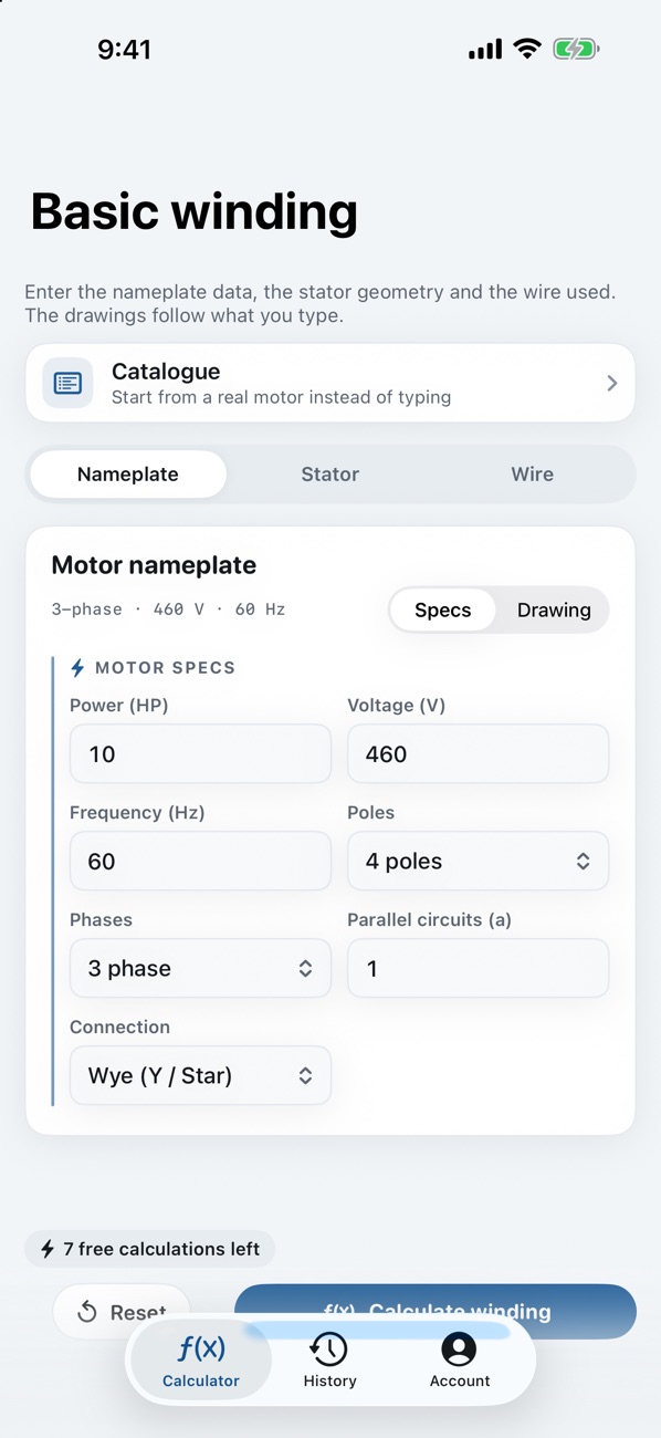 AC Motors on iPhone with the Basic winding form showing nameplate specs for a 10 HP, 460 V, 4-pole motor