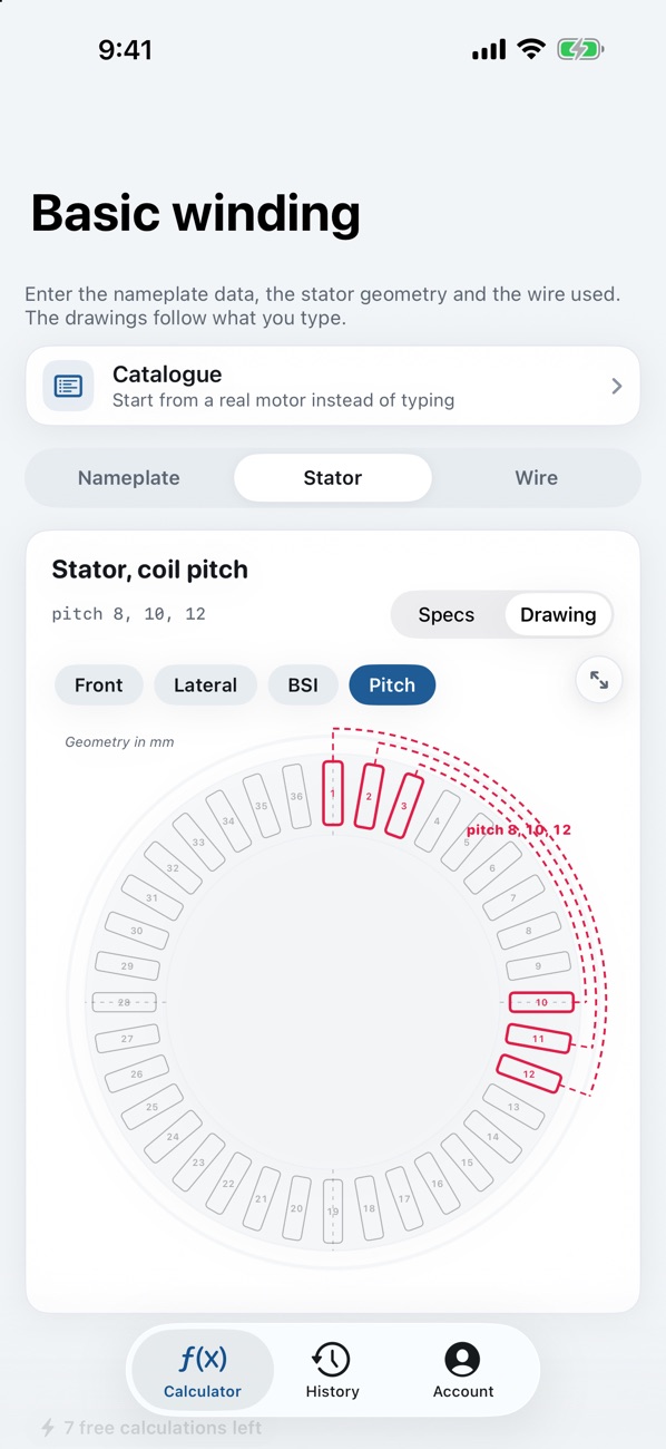 AC Motors stator drawing on iPhone showing 36 slots with coil pitch 8, 10, 12 highlighted