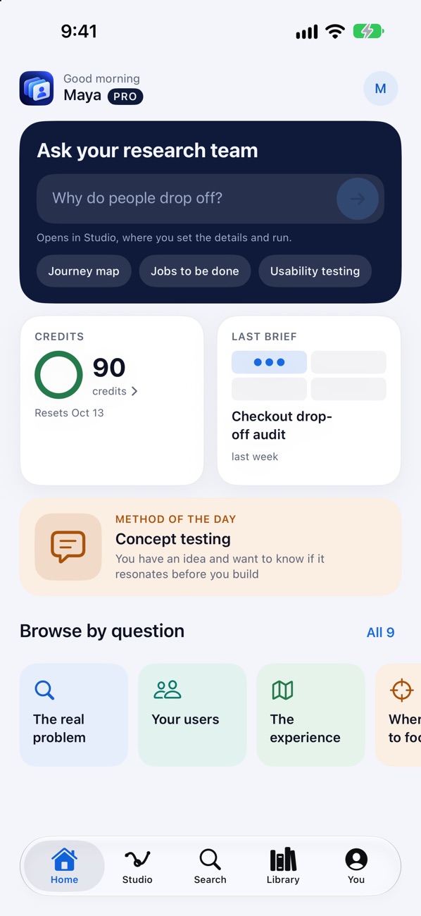 Indaga home screen on iPhone: ask your research team, credits, last brief and methods