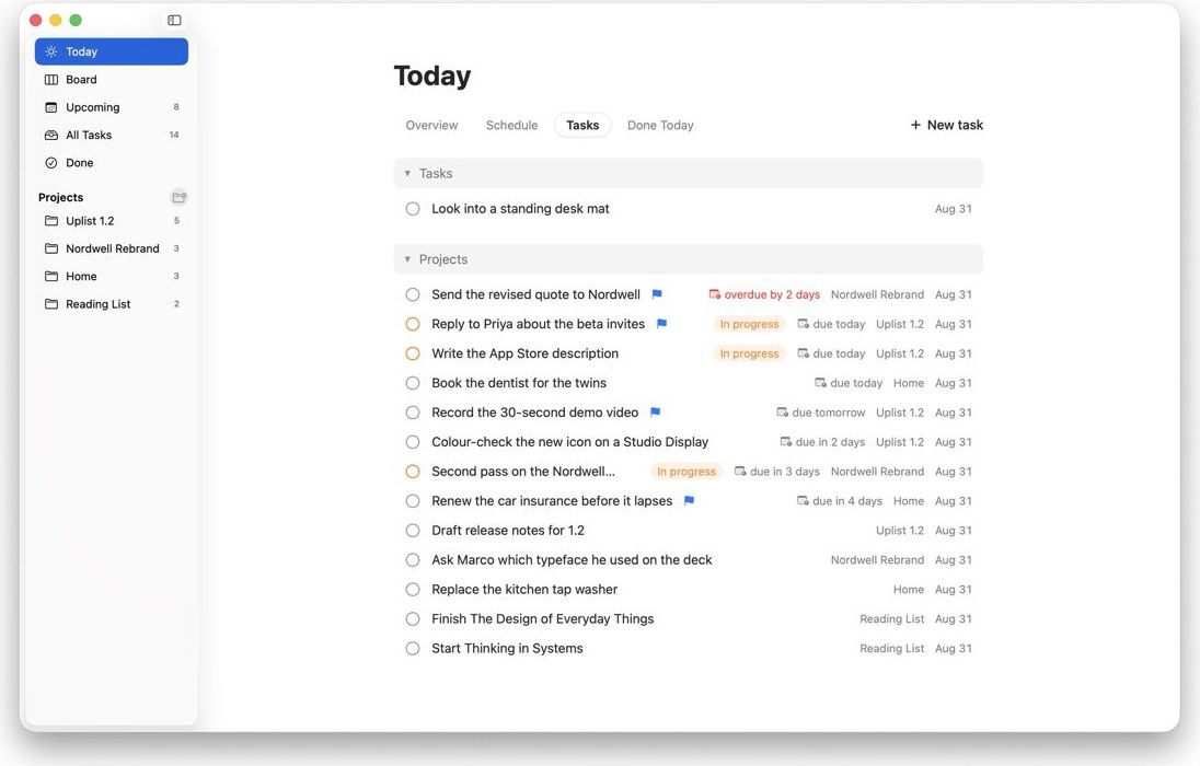 Uplist Today screen with meetings and tasks